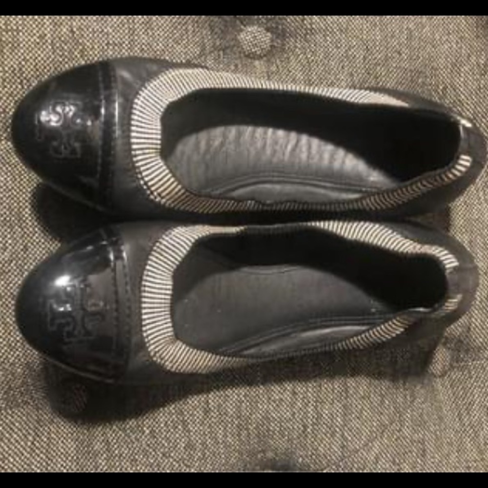 Tory Burch striped black patent toe/leather side
